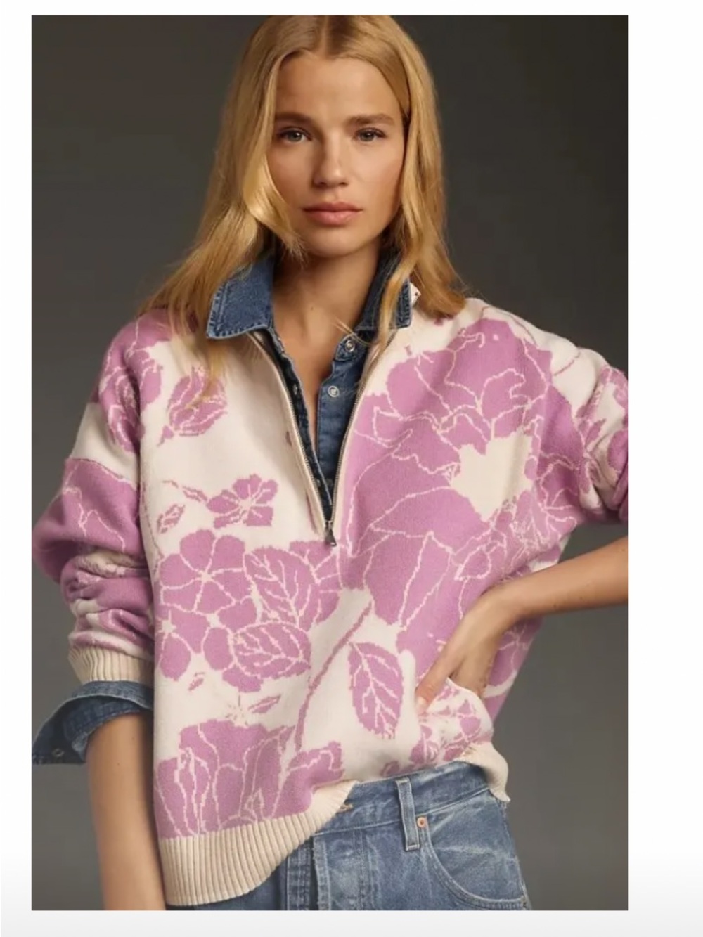 Maeve Anthropologie pink and Cream Floral Half‑Zip Sweater.